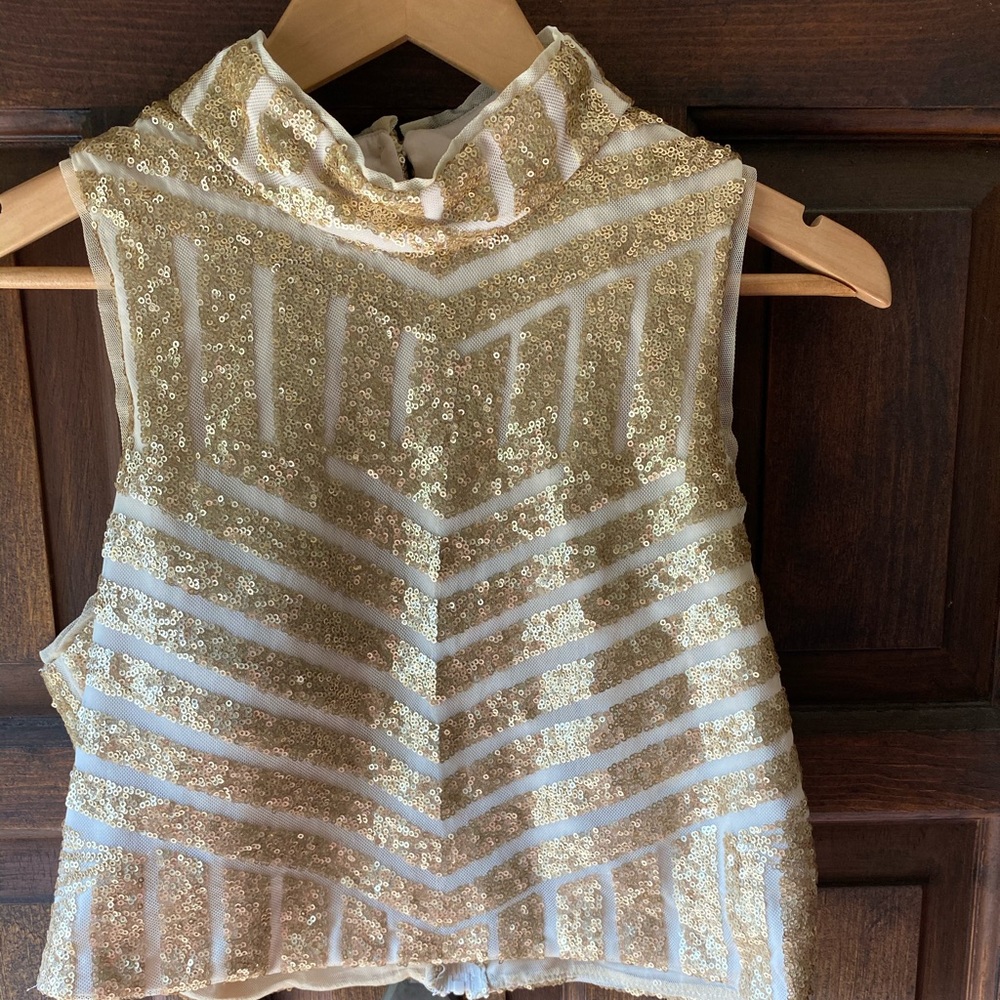 Social Code Gold Shiny Sequined Open Back Crop Top - image 4